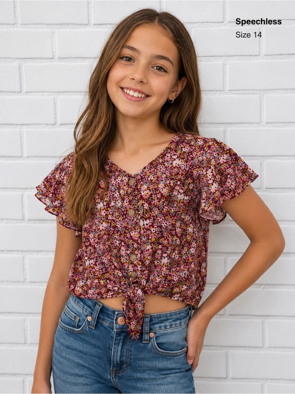 Speechless Kids Size 14 Burgundy Floral Tie Front Flutter Sleeve Crop Top